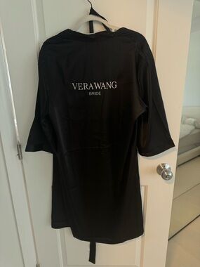 Vera Wang Black Satin Bride Robe with White Logo
